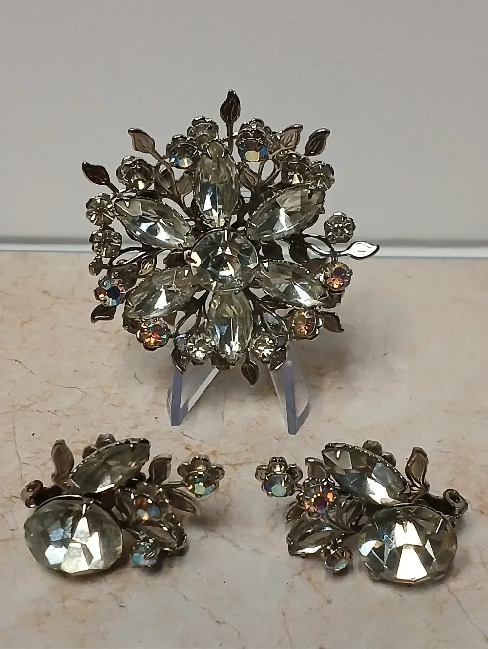 Vintage Rhinestone Floral Brooch and Earrings Set - Clear Crystal